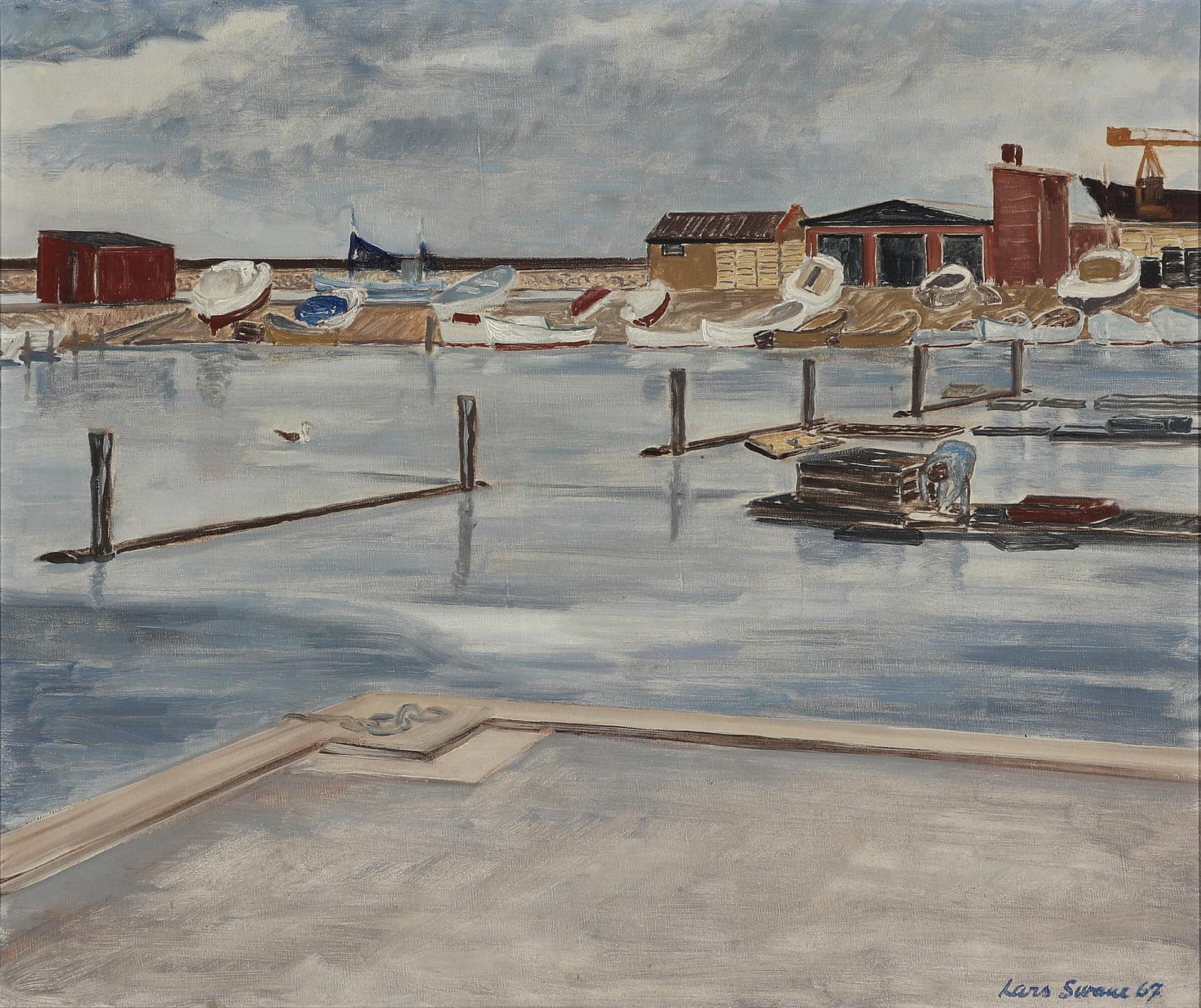 Lars Swane olie på lærred "Frederikshavn Havn 1967"