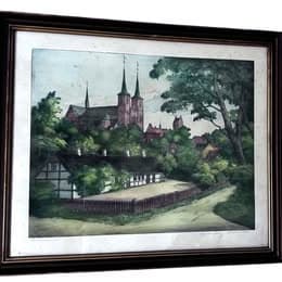 ́Smuk vintage farveradering med motiv af Roskilde Domkirke, udført af Peder Møller