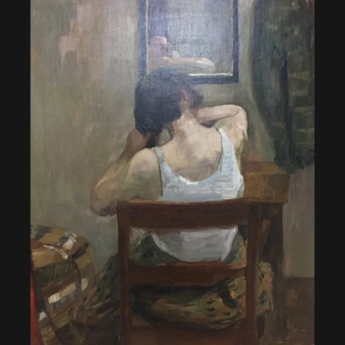 Carl Fischer. Interiør med kunstnerens hustru, 1920. 71x58cm