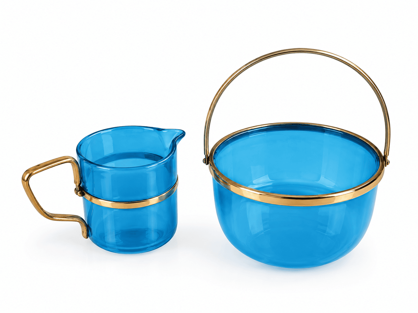 Blåt opaline sukker & fløde glas, Frankrig ca. 1920