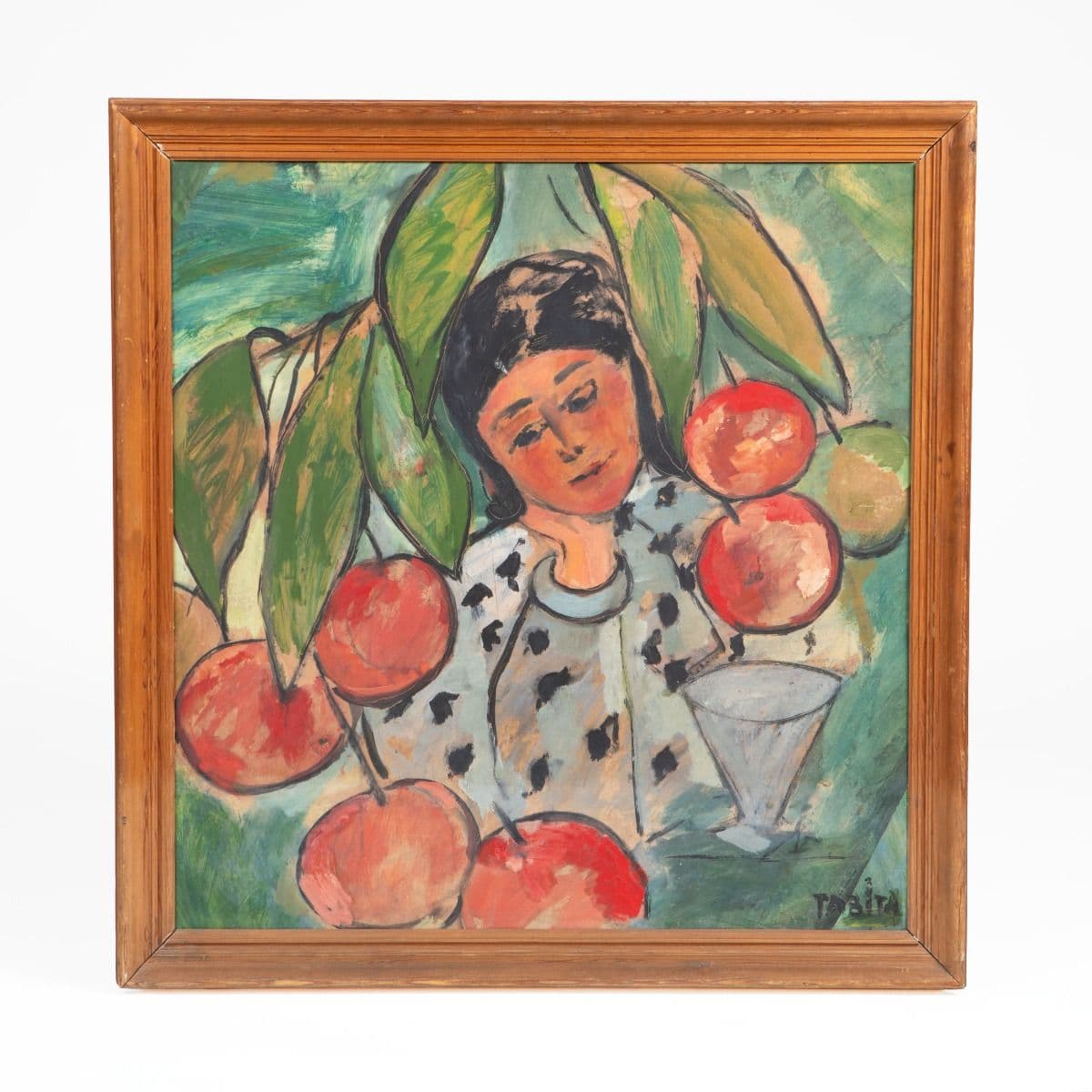 Tabita Schwenn – "Pige blandt kirsebær", olie på plade, signeret, 1938