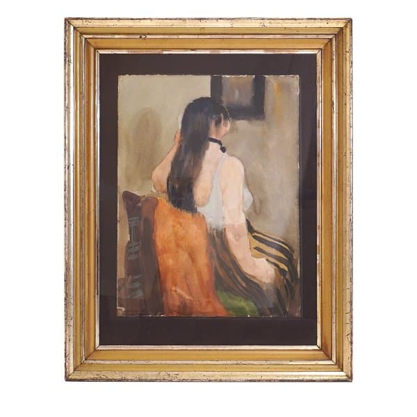 Carl Fischer, 1887-1962, akvarel. Motiv i form af siddende rygvendt kvinde. Signeret og dateret 1947