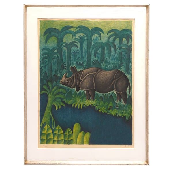 Scherfig litografi næsehorn. Hans Christian Scherfig, 1905-79, litografi. Indisk Næsehorn, 1976. Lysmål