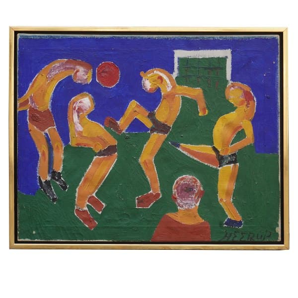 Henry Heerup maleri. Henry Heerup, 1907-93, olie på lærred. Motiv i form af fodboldspillere