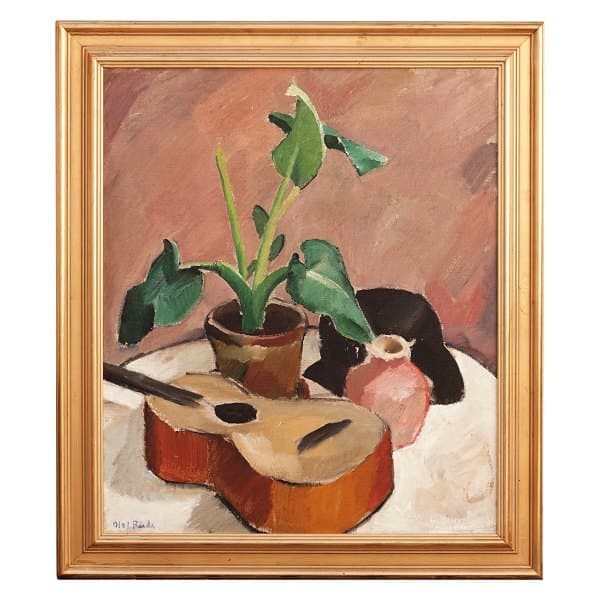 Olaf Rude maleri. Olaf Rude, 1886-1957, olie på lærred. Opstilling med kala, guitar og hat